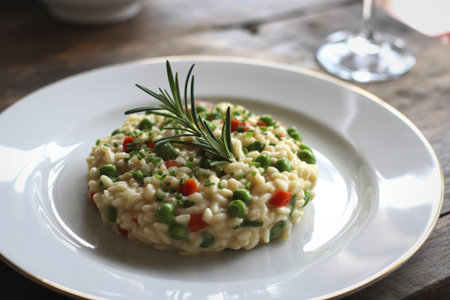 A photo of a white plate with a vegetarian risottoの写真素材