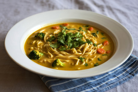 a vibrant yellow curry noodle soupの写真素材