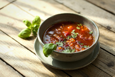 A photograph of a vibrant bowl of tomato and vegetable soupの写真素材