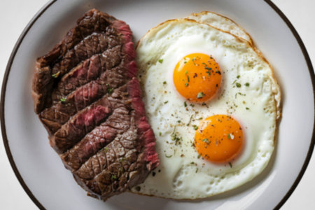 A food photograph of a steak and eggs breakfast plate on a white plateの写真素材
