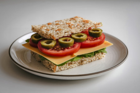 A photo of a rice cake sandwich with sliced tomato and cheeseの写真素材