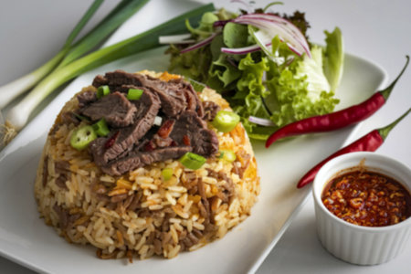 a beef fried rice dish with a selective focusの写真素材