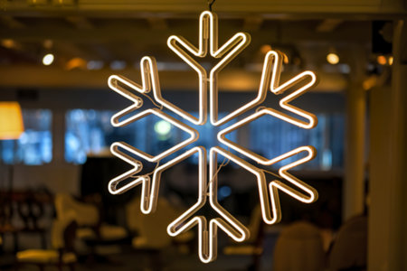 A stylized photograph features a large, intricately designed neon snowflakeの写真素材