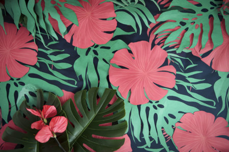 A photo of a vibrant background with a silhouette of tropical leaves