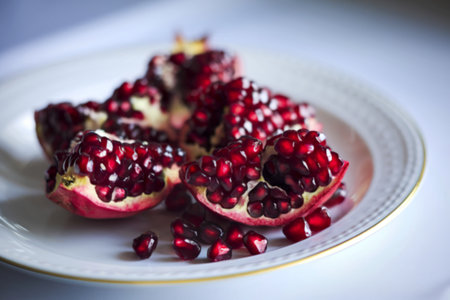 A photo of fresh pomegranate pieces on a white plateの写真素材
