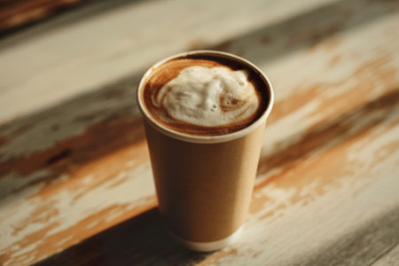 a hot latte coffee in a paper cupの写真素材