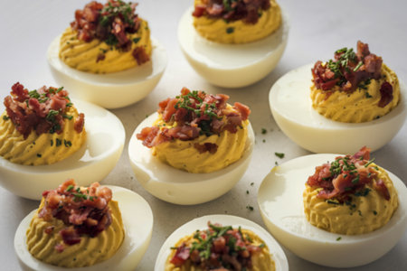 a collection of halved eggs topped with a creamy fillingの写真素材