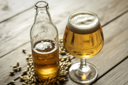 a pristine glass of golden beerの写真素材