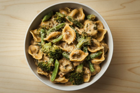 a bowl filled with creamy pastaの写真素材