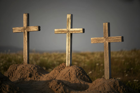 wooden crosses erected on a mound of soil.の写真素材