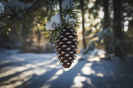 brown pine cone nestled within the boughs of a snow-laden pine branchの写真素材