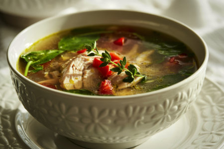A photograph of a pristine white bowl brimming with a steaming clear chicken soupの写真素材