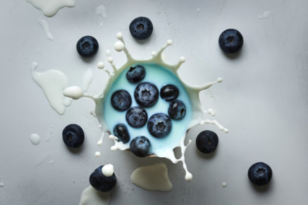 A photo of a splash of blueberries in milkの写真素材
