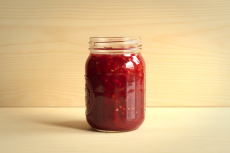 a glass jar filled with red jamの写真素材