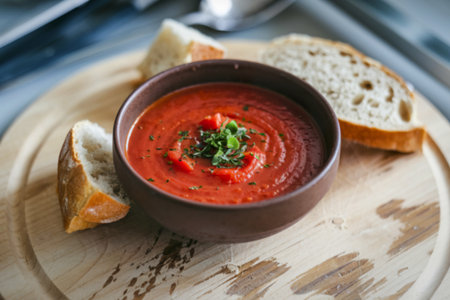 a bowl of homemade tomato soupの写真素材