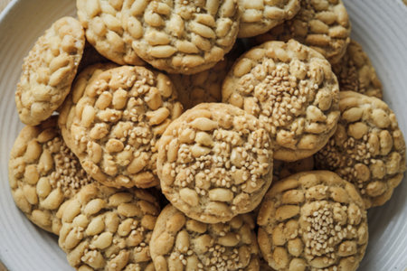 close-up shot of golden-brown sesame seed cookiesの写真素材