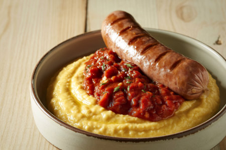 a bowl of polenta with a grilled sausage and a tomato sauceの写真素材