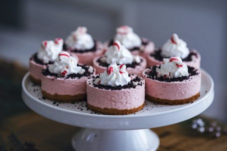 A photo of a white cake stand holding several individual dessertsの写真素材