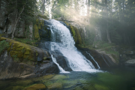 A photograph of a powerful waterfallの写真素材
