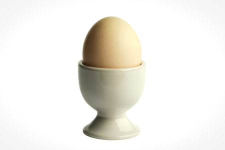 A clean, minimalist photograph of a single egg nestled in a egg cup
