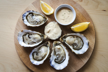 oysters on a wooden cutting boardの写真素材