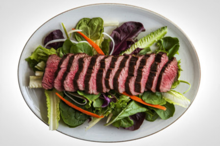 A high-quality food photograph of a steak saladの写真素材
