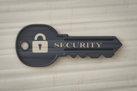 A 3D render of a dark gray key with a padlock iconの写真素材