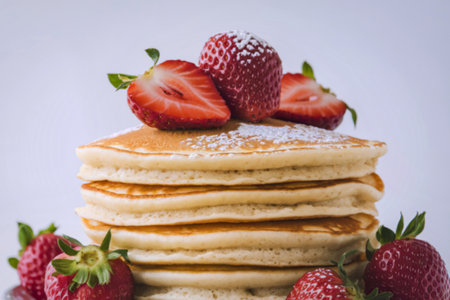 a pancake stack with strawberriesの写真素材