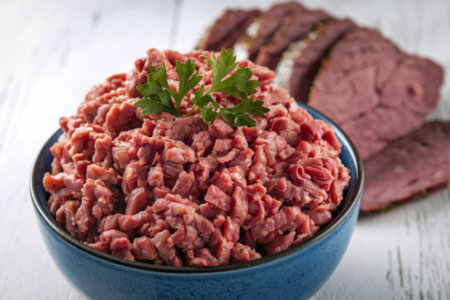 a bowl filled with minced meatの写真素材