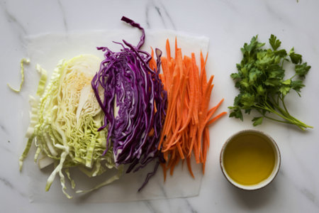 A top-down photograph of freshly shredded vegetablesの写真素材