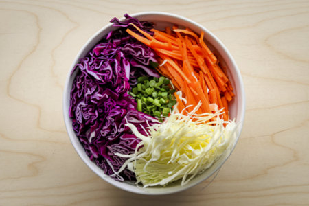 a white bowl containing finely shredded vegetablesの写真素材