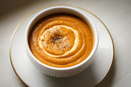 A photo of a white bowl filled with homemade pumpkin cream soupの写真素材