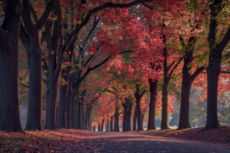 a tree-lined pathway cutting through a park during peak autumnの写真素材