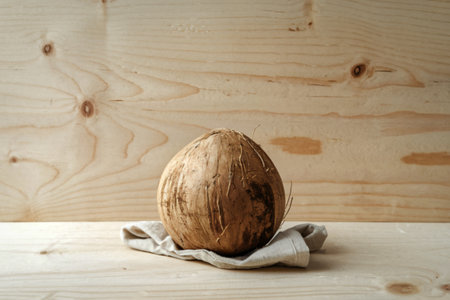 a coconut isolated on a light wooden backgroundの写真素材