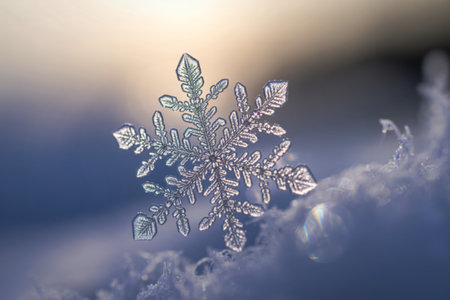 A macro photograph of an intricate snowflake crystalの写真素材