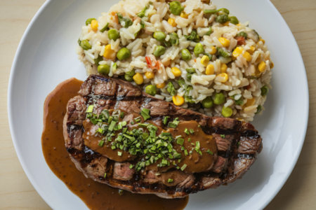 a grilled steak topped with a rich, brown sauceの写真素材