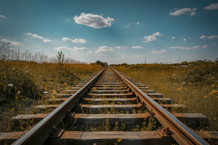 an empty railway track under a clear skyの写真素材