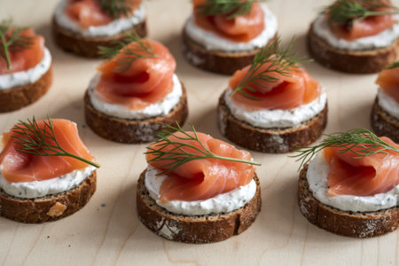 a collection of canapes appetizers arranged on a plateの写真素材