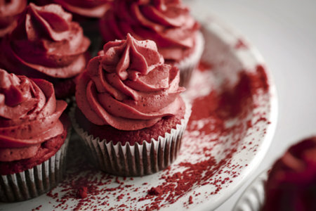a close-up view of a dessert, cupcakes with a vibrant red frosting