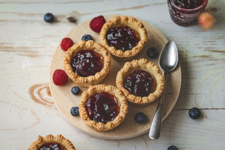 A photo of golden-brown tarts filled with jam
