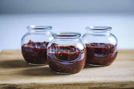 three clear glass jars containing dark red tomato paste