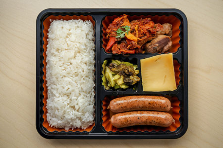 A photo of a black tray containing a meal