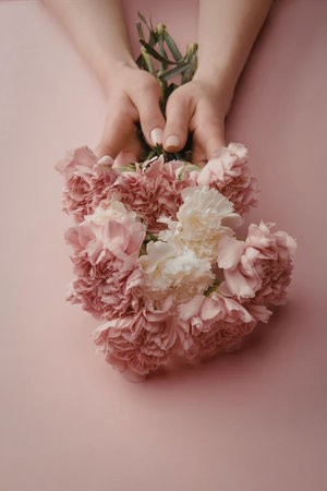 A person's hands holding a bouquet of pink and white flowers against a pink background