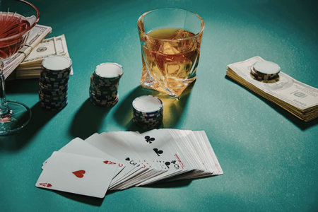 A green table with poker cards, chips, and a glass of whiskey, conveying a scene of a poker game.