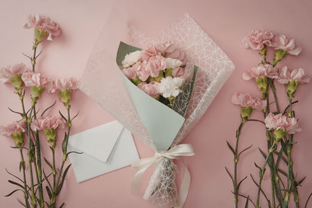 A bouquet of pink and white flowers wrapped in paper and tied with a ribbon, accompanied by a white envelope and loose pink flowers on a pink background.の写真素材