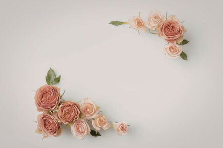 A bunch of peach roses with green leaves on a white background