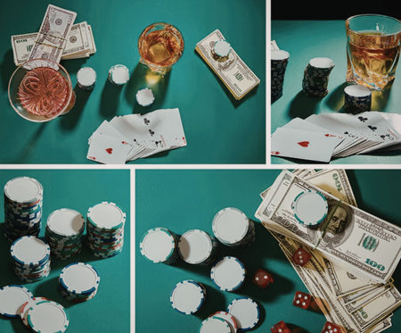 A collage of four images showing poker chips, cards, money, and drinks on a green felt table,...