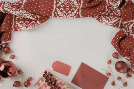 A festive Christmas decoration featuring a red envelope, ornaments, and a red fabric with white...