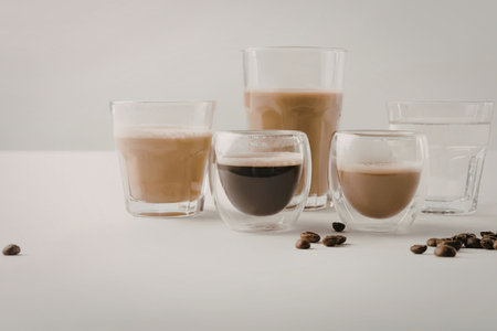Four glass cups of different coffee drinks and coffee beans on a white surfaceの写真素材