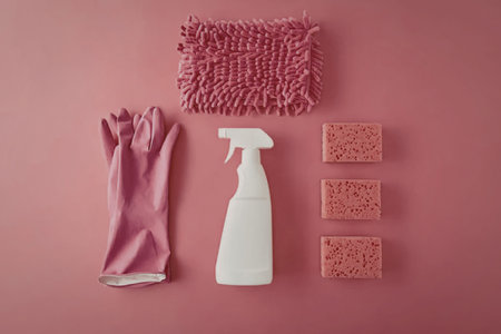A collection of cleaning supplies including a spray bottle, pink glove, sponge, and cloth on a pink...
